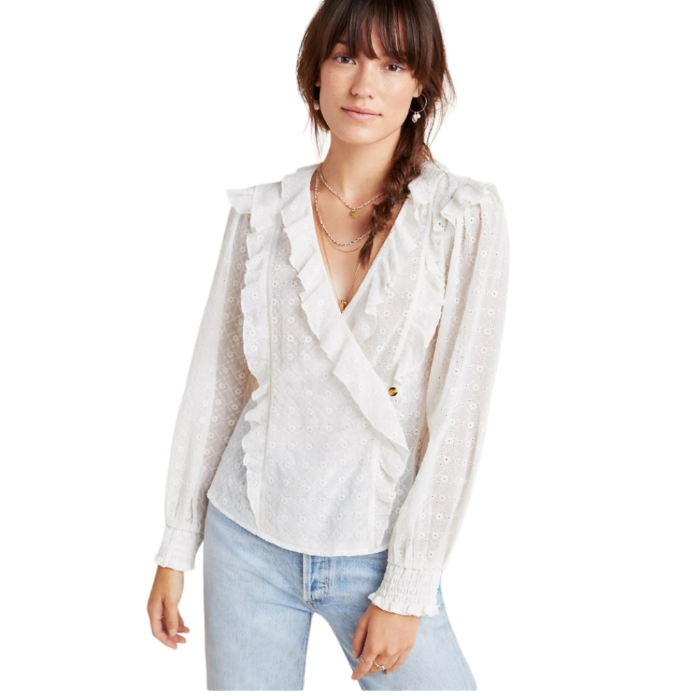 Anthropologie Maeve Laila Ruffled White Top Size 10